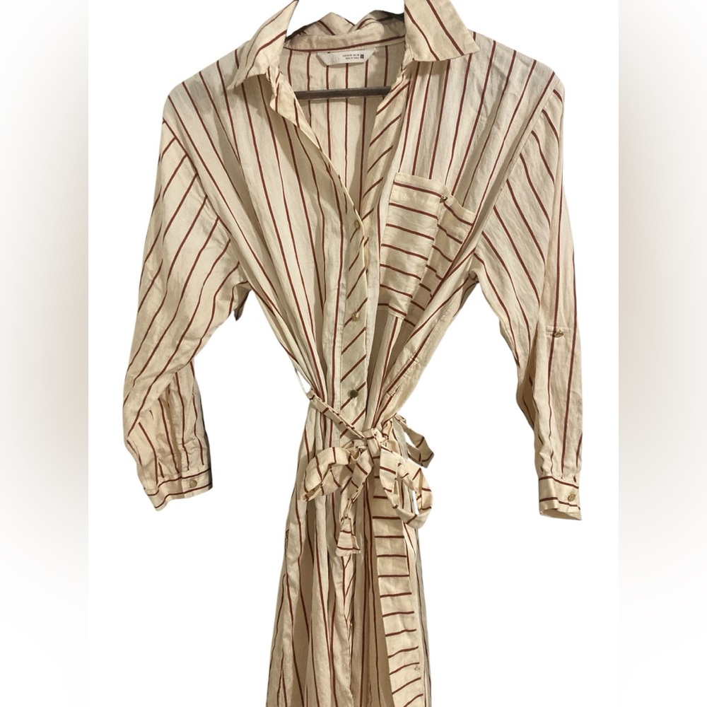 Zara Striped Shirt Dress/ Tie Waist- Red & Cream Stripe-Size M
